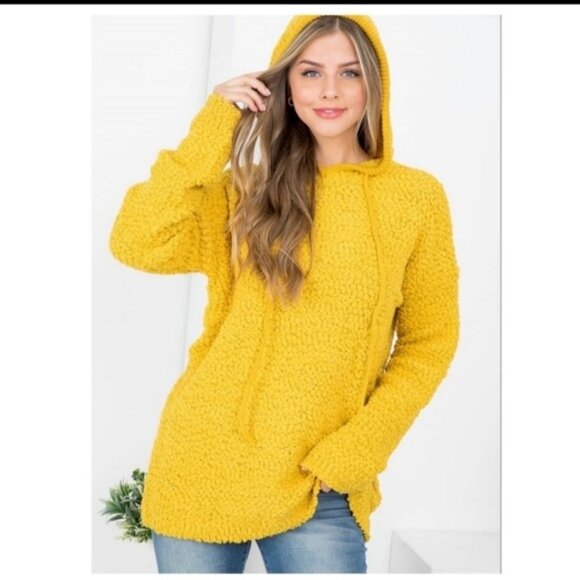 Womens Mustard Yellow Fuzzy Knit Hooded Pullover Sweater W/Drawstring & Long - Picture 3 of 7